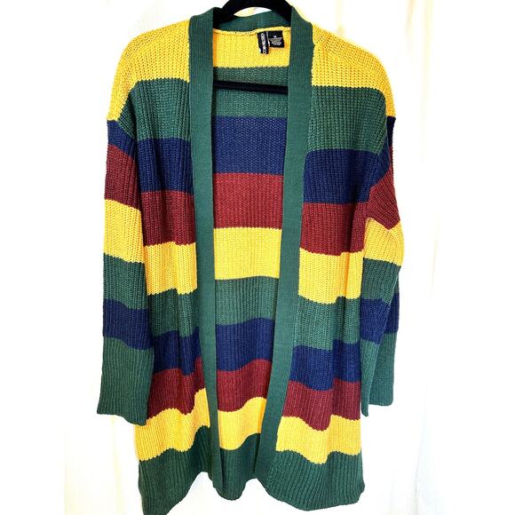 VINTAGE Sz 1X Y2K Rugby Stripe Cardigan Sweater Blokecore Ivy League Grandpacore - Picture 1 of 3